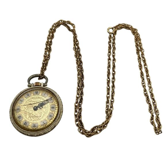 VTG Garfield Mechanical Pendant Pocket Watch WORKING w/ Necklace Marked 1/20 12k - Picture 1 of 6